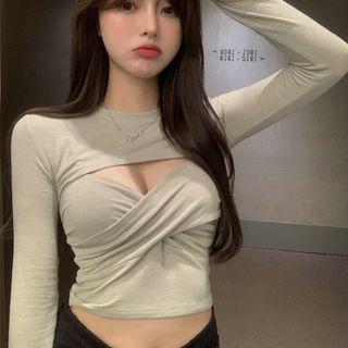 Set: Wrap Cropped Camisole Top + Long-sleeve Cropped T-shirt