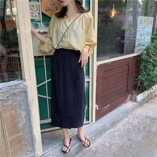 Long-sleeve Plain Blouse / Split Hem Skirt