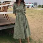 Plaid Elbow-sleeve Midi A-line Dress Gingham - Green - One Size