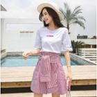 Set: Elbow-sleeve Lettering Top + Striped A-line Skirt