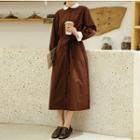 Long-sleeve Midi A-line Dress Brown - One Size
