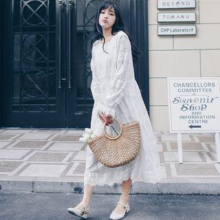 Long-sleeved Tie-waist Crewneck Lace Sheath Dress