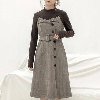 Buttoned Spaghetti-strap Herringbone Dress
