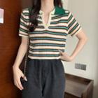 Short-sleeve Striped Knit Polo Shirt Green & Off-white - One Size