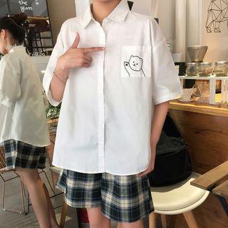 Short-sleeve Bear Print Shirt / Plaid Shorts