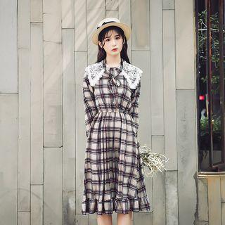 Lace Collar Plaid Long-sleeve A-line Dress
