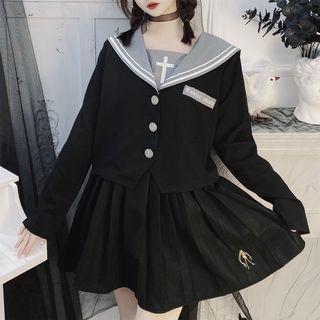 Cross Embroidered Sailor Collar Long-sleeve Top