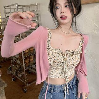 Floral Print Drawstring Crop Camisole Top / Crop Cardigan