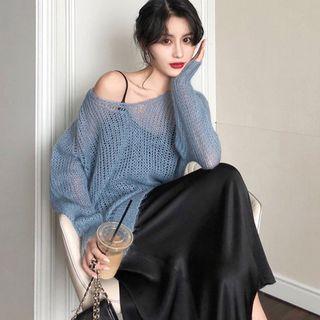 Open Knit Sweater / Spaghetti-strap Midi Dress