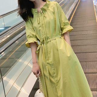 Bell-sleeve Tie-waist Midi A-line Dress