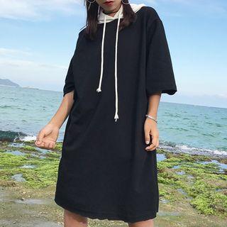 Contrast Hood Elbow-sleeve T-shirt Dress