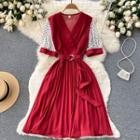 Elbow-sleeve V-neck Dotted Panel A-line Dress