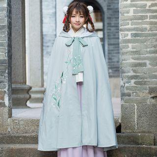 Floral Embroidered Hooded Cape Gray Pea Bluish Green - One Size