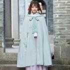 Floral Embroidered Hooded Cape Gray Pea Bluish Green - One Size