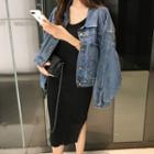 Spaghetti Strap Midi Knit Dress / Buttoned Denim Jacket