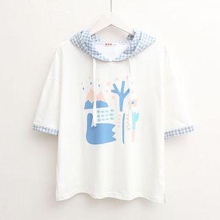 Plaid Hood Short-sleeve Print T-shirt
