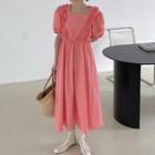 Ruffle Trim Puff-sleeve Midi A-line Dress Pink - One Size