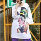 Printed Elbow-sleeve T-shirt Dress White - One Size