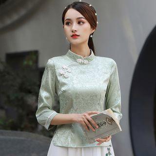 3/4-sleeve Mandarin Collar Floral Print Blouse
