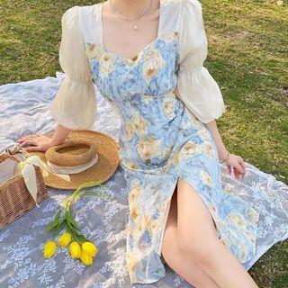 Puff-sleeve Print Slit A-line Dress (various Designs)