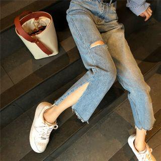 Slit Ripped Straight-cut Jeans