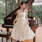 Wide Strap Cartoon Print Midi A-line Dress