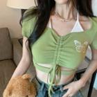 Short-sleeve Butterfly Embroidered Drawstring Cropped T-shirt / Distressed Denim Hot Pants
