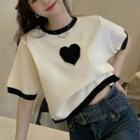 Short-sleeve Heart Jacquard Knit Top White - One Size