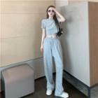Short-sleeve Smiley Face Print Cropped T-shirt / Wide-leg Pants