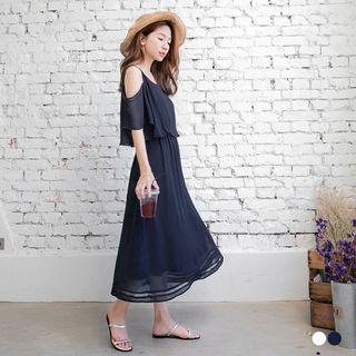 Layered Cutout-shoulder Chiffon Long Dress