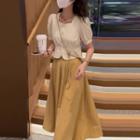 Puff-sleeve Button-up Top / Midi A-line Skirt / Set
