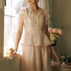 Short-sleeve V-neck Lace Trim Peplum Top / Maxi A-line Skirt