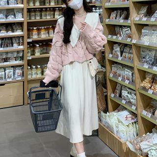 Long-sleeve Faux Pearl Trim Knit Midi A-line Dress / Cardigan