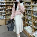 Long-sleeve Faux Pearl Trim Knit Midi A-line Dress / Cardigan