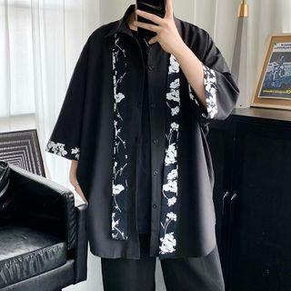 Flower Print 3/4-sleeve Shirt / Cropped Straight-fit Pants