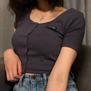 U-neck Striped Short-sleeve Cropped Top