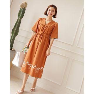 Floral Embroidered Linen Blend Midi Empire Dress