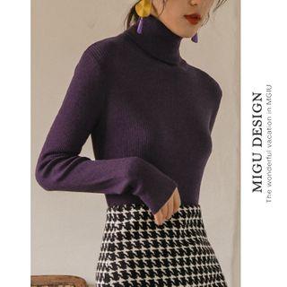 Turtleneck Long-sleeve Knit Top Purple - M