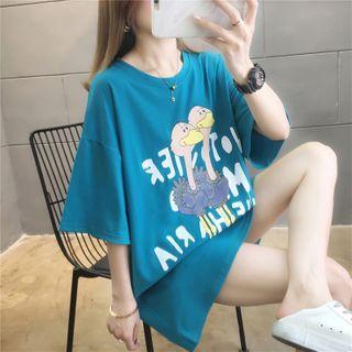 Cartoon Ostrich Print Elbow-sleeve T-shirt