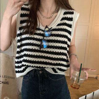 Sleeveless Striped Pointelle Knit Top Stripe - One Size