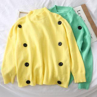 Buttoned Mock-neck Knit Sweater