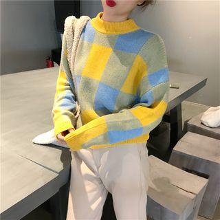 Mock Neck Plaid Sweater As Shown In Figure - One Size