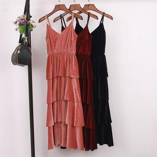 Spaghetti Strap Midi Velvet Layered Dress