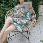 Short-sleeve Off-shoulder Floral Print Mini A-line Dress Green & White - One Size