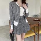 Set: Long-sleeve Houndstooth Knit Top + High-waist Houndstooth Skirt Set: Top - Black & White - One Size / Skirt - Black & White - One Size