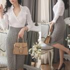 Set: V-neck Blouse + Check Pencil Skirt