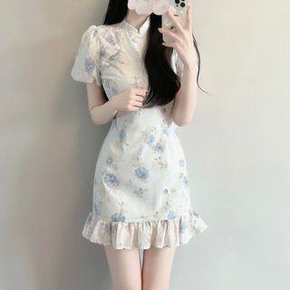 Puff-sleeve Floral Mini Sheath Qipao Dress