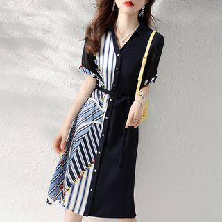 Short-sleeve V-neck Striped Panel A-line Dress