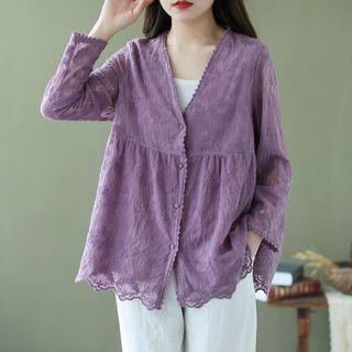 Long-sleeve Floral Lace Button-up Blouse
