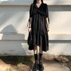 Elbow-sleeve Ruffle Midi A-line Dress Black - One Size